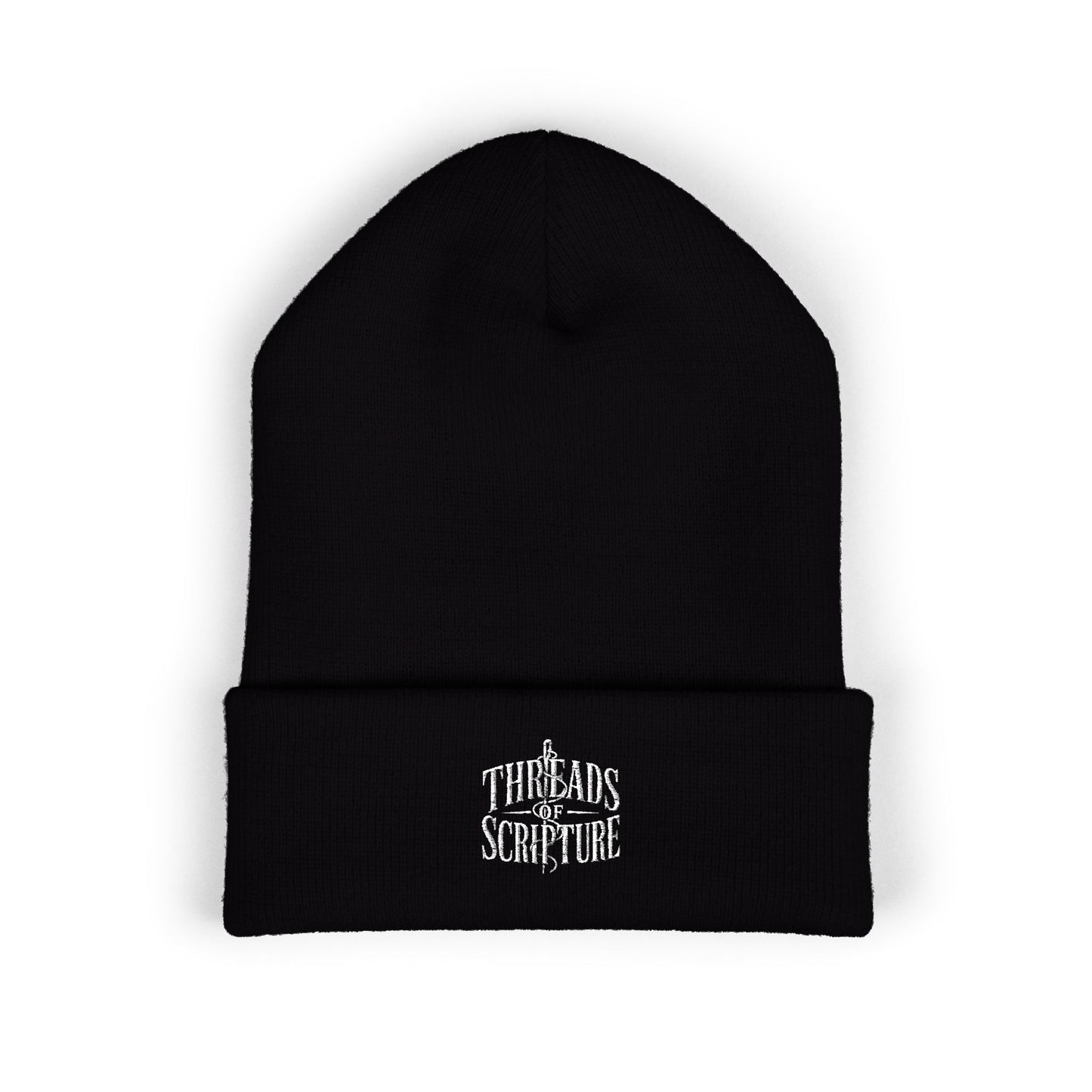 Embroidered "Threads of Scripture" Cuffed Beanie — Black