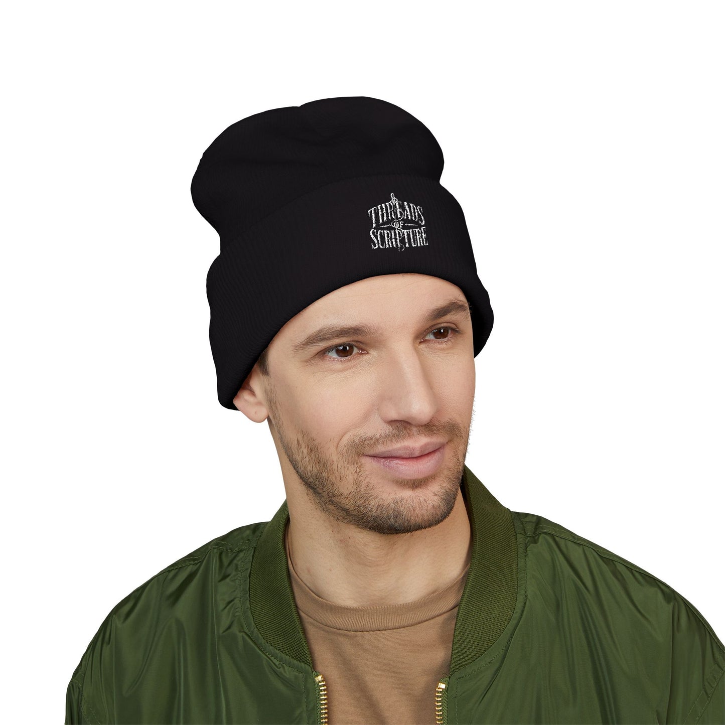 Embroidered "Threads of Scripture" Cuffed Beanie — Black
