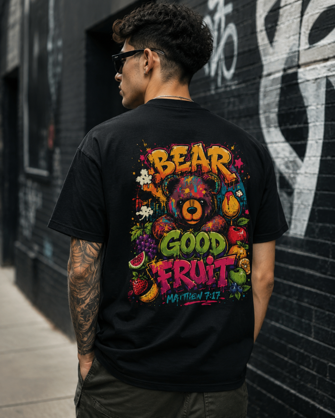 Bear of Good Fruit Regular T-Shirt — Colorful Fruit & Bear Graphic, Matthew 7:17 Inspirational Tee