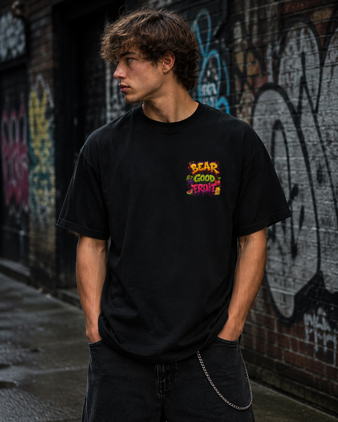 Bear Good Fruit Tee — Colorful Street-Art Graphic (Matthew 7:17)