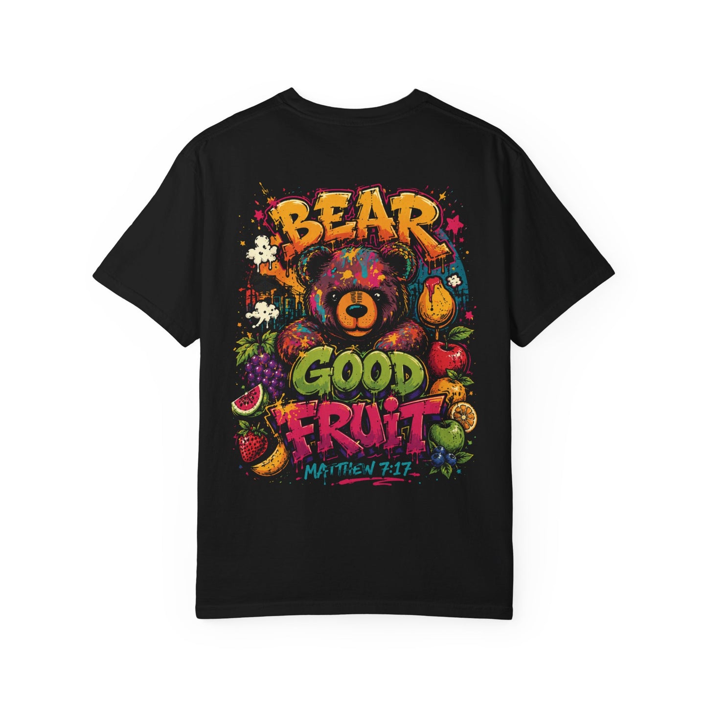 Bear of Good Fruit Regular T-Shirt — Colorful Fruit & Bear Graphic, Matthew 7:17 Inspirational Tee