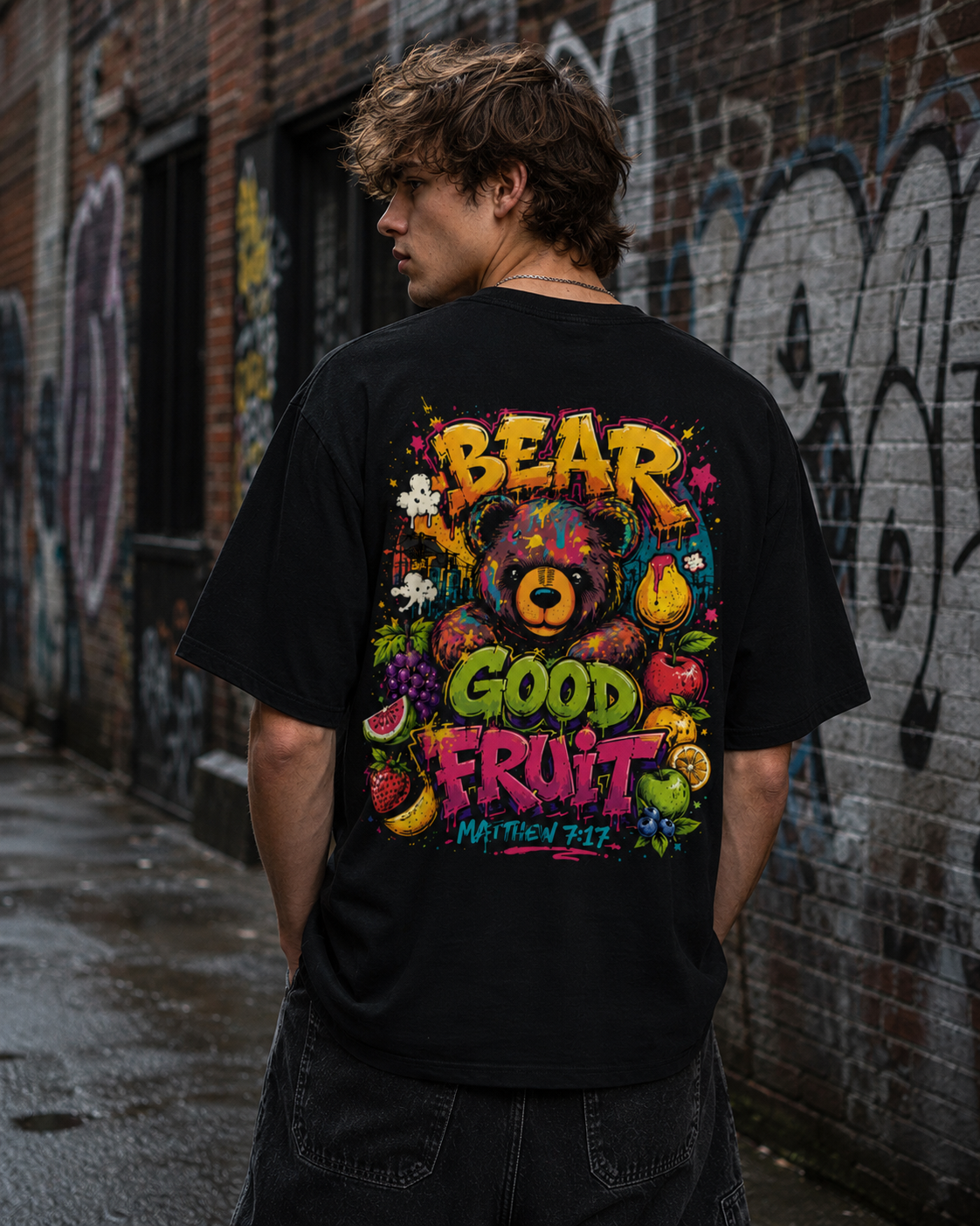 Bear Good Fruit Tee — Colorful Street-Art Graphic (Matthew 7:17)