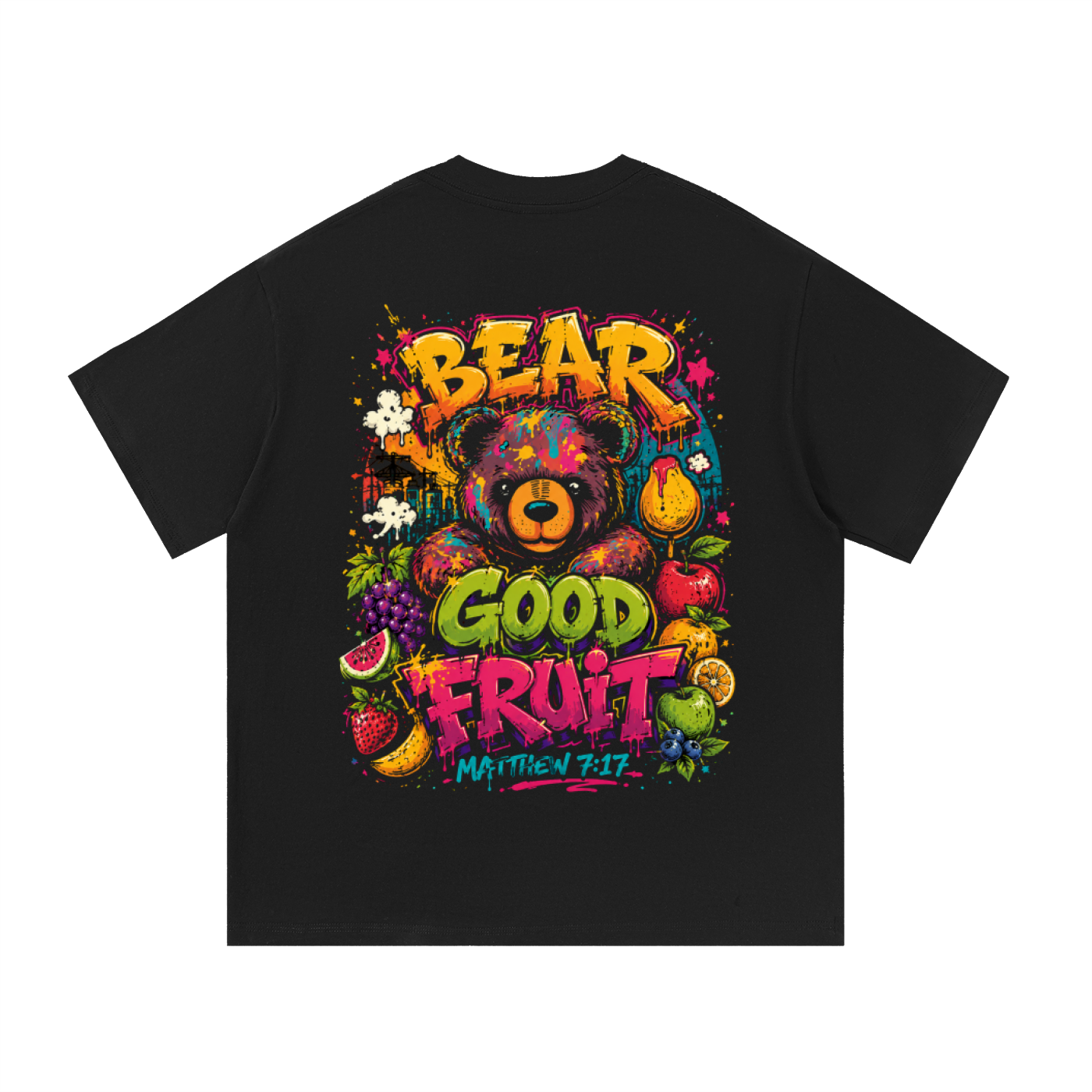 Bear Good Fruit Tee — Colorful Street-Art Graphic (Matthew 7:17)
